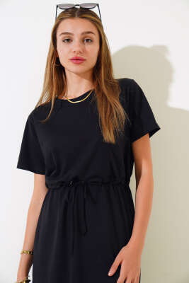 İpli Kısa Kol Elbise Siyah - Kadın Giyim Modelleri