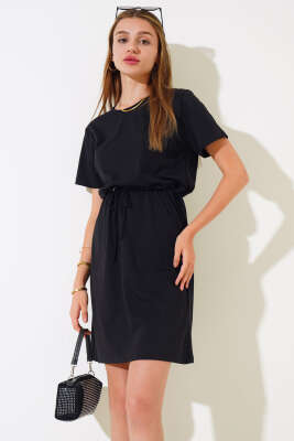 İpli Kısa Kol Elbise Siyah - Kadın Giyim Modelleri