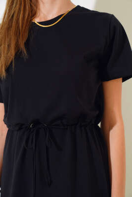 İpli Kısa Kol Elbise Siyah - Kadın Giyim Modelleri