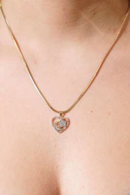 Işıltılı Ay ve Yıldız Detaylı Kalp Tasarım Kolye Gold - DEMİR BİJUTERİ