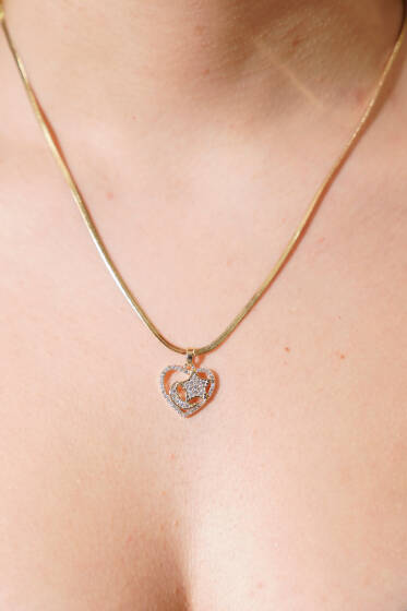 Işıltılı Ay ve Yıldız Detaylı Kalp Tasarım Kolye Gold - Kolye