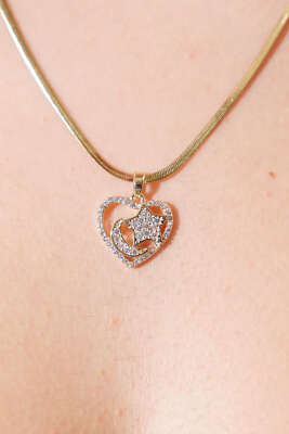 Işıltılı Ay ve Yıldız Detaylı Kalp Tasarım Kolye Gold - Kolye