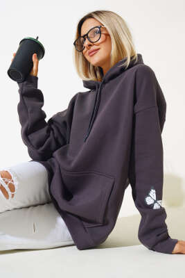 İskelet Kafa Baskılı Üç İplik Sweatshirt Antrasit - Kadın Giyim Modelleri