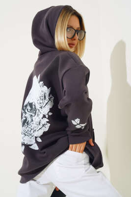 İskelet Kafa Baskılı Üç İplik Sweatshirt Antrasit - Kadın Giyim Modelleri