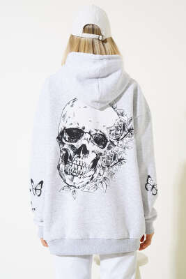İskelet Kafa Baskılı Üç İplik Sweatshirt Gri - Kadın Giyim Modelleri