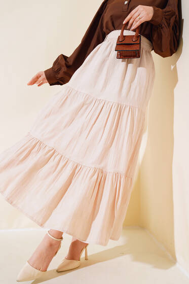 İşlemeli Kat Kat Etek Bej - Etek