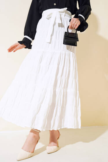 İşlemeli Kat Kat Etek Beyaz - Etek