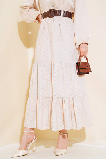 İşlemeli Kemerli Etek Bej - Etek