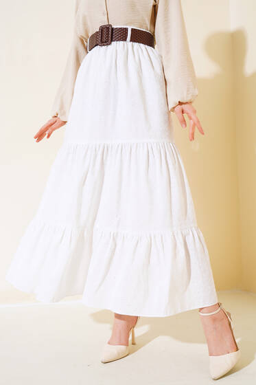 İşlemeli Kemerli Etek Beyaz - Etek