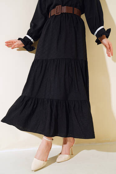 İşlemeli Kemerli Etek Siyah - Etek