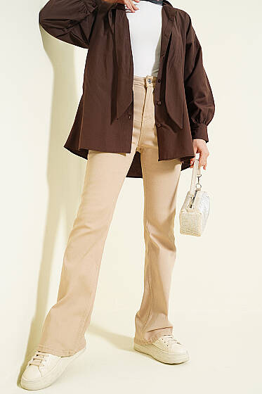 İspanyol Düğmeli Paça Kot Pantolon Bej - Pantolon