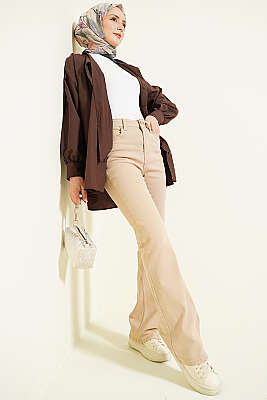 İspanyol Düğmeli Paça Kot Pantolon Bej - Pantolon