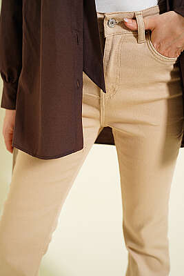 İspanyol Düğmeli Paça Kot Pantolon Bej - Pantolon