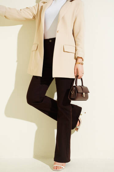 İspanyol Düğmeli Paça Kot Pantolon Kahve - Pantolon