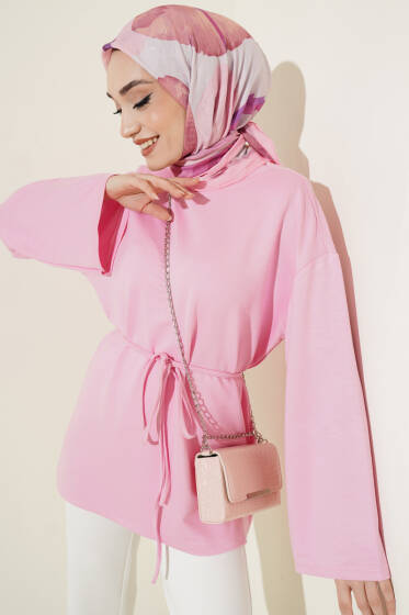 İspanyol Kol Bağcıklı Tunik Pembe - Tunik