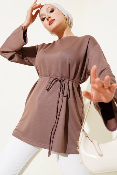 İspanyol Kol Bağcıklı Tunik Vizon - Tunik