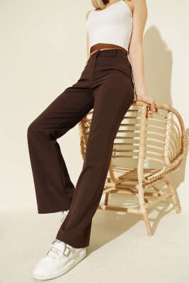 İspanyol Paça Bel Düğmeli Pantolon Kahve - LUSTRİN