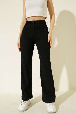 İspanyol Paça Bel Düğmeli Pantolon Siyah - Kadın Giyim Modelleri