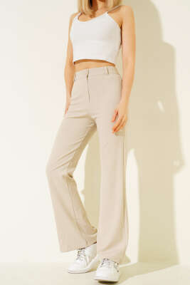 İspanyol Paça Bel Düğmeli Pantolon Taş - LUSTRİN