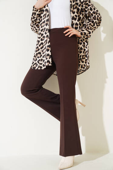 İspanyol Paça Bel Lastikli Dabıl Pantolon Acı Kahve - Pantolon