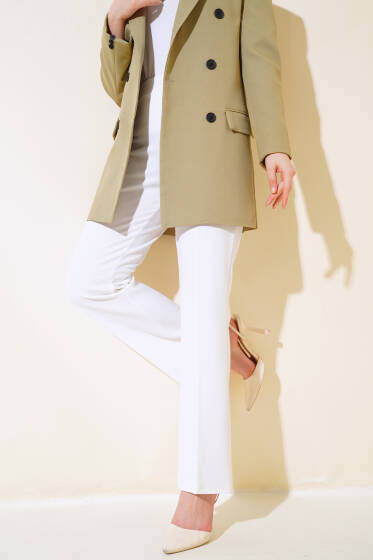 İspanyol Paça Bel Lastikli Dabıl Pantolon Beyaz - Pantolon