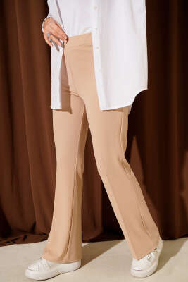 İspanyol Paça Bel Lastikli Dabıl Pantolon Latte - Pantolon