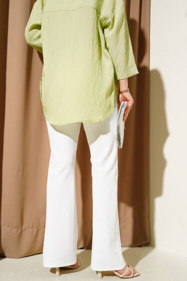 İspanyol Paça Bel Lastikli Pantolon Beyaz - 3