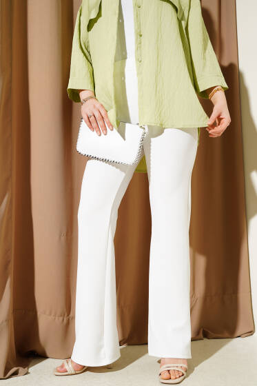 İspanyol Paça Bel Lastikli Pantolon Beyaz - Pantolon