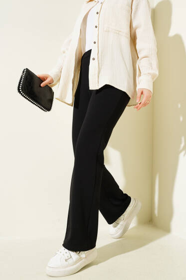 İspanyol Paça Bel Lastikli Pantolon Siyah - Pantolon