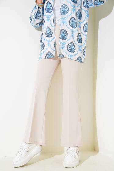 İspanyol Paça Beli Lastikli Pantolon Bej - Pantolon