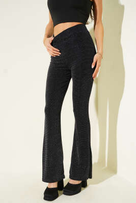 İspanyol Paça Beli Lastikli Simli Pantolon Siyah - MODA MERSİ