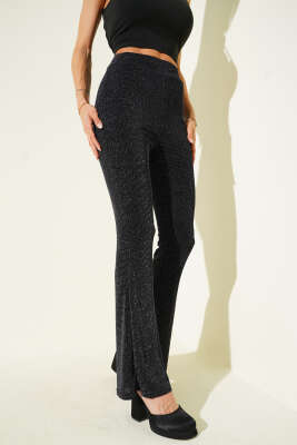 İspanyol Paça Beli Lastikli Simli Pantolon Siyah - Kadın Giyim Modelleri