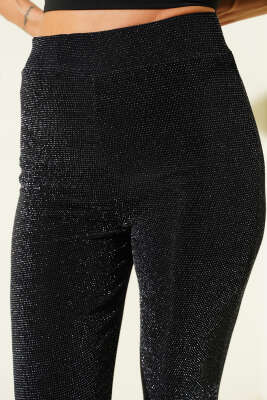 İspanyol Paça Beli Lastikli Simli Pantolon Siyah - Kadın Giyim Modelleri