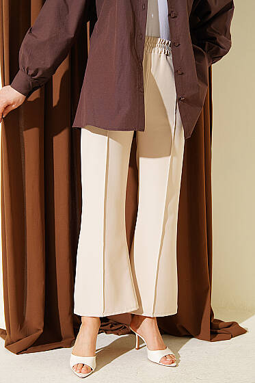 İspanyol Paça Çımalı Dabıl Pantolon Bej - Pantolon