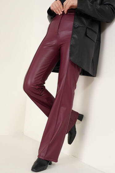 İspanyol Paça Çimalı Deri Pantolon Bordo - Pantolon