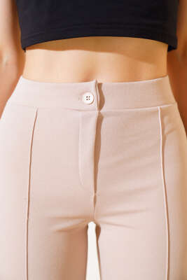 İspanyol Paça Çımalı Pantolon Bej - Kadın Giyim Modelleri