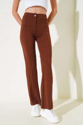 İspanyol Paça Çımalı Pantolon Taba - Kadın Giyim Modelleri