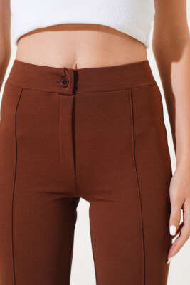 İspanyol Paça Çımalı Pantolon Taba - Kadın Giyim Modelleri