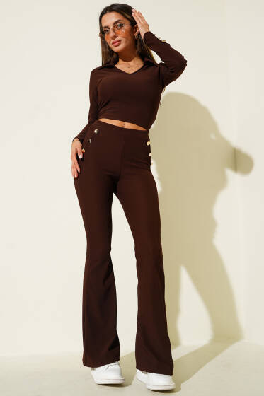 İspanyol Paça Düğmeli İkili Takım Kahve - Kadın Giyim Modelleri