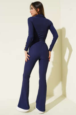 İspanyol Paça Düğmeli İkili Takım Lacivert - Kadın Giyim Modelleri