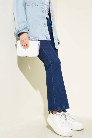 İspanyol Paça Kot Pantolon Koyu Mavi - Kumaş Pantolon