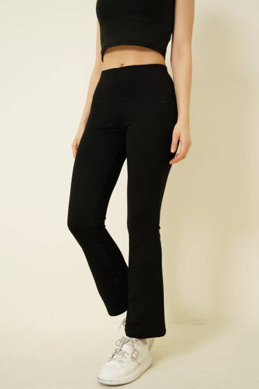 İspanyol Paça Taşlı Bel Lastikli Pantolon Siyah - Kadın Giyim Modelleri