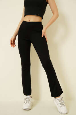 İspanyol Paça Taşlı Bel Lastikli Pantolon Siyah - Kadın Giyim Modelleri