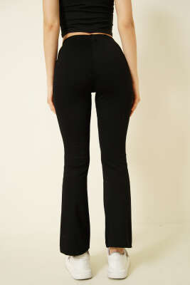 İspanyol Paça Taşlı Bel Lastikli Pantolon Siyah - Kadın Giyim Modelleri