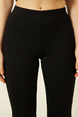 İspanyol Paça Taşlı Bel Lastikli Pantolon Siyah - Kadın Giyim Modelleri