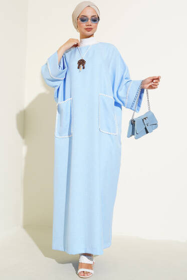İstiridye Dikişli Torba Cepli Elbise Mavi - Elbise