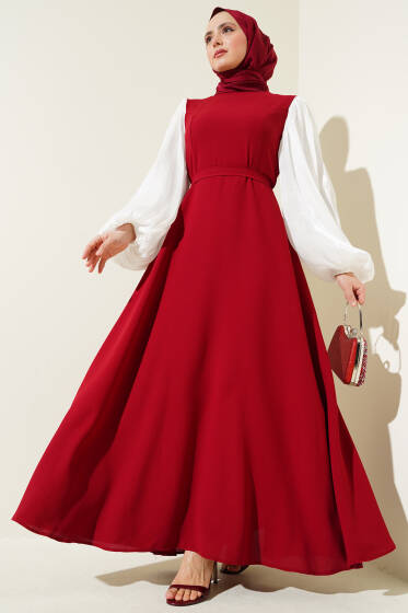 Jakar Balon Kol Kuşaklı Elbise Bordo - Elbise