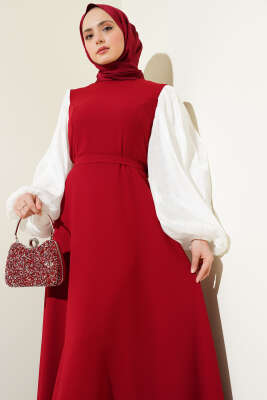 Jakar Balon Kol Kuşaklı Elbise Bordo - Tesettür Elbise