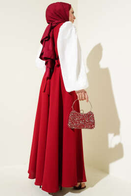 Jakar Balon Kol Kuşaklı Elbise Bordo - Tesettür Elbise