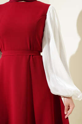 Jakar Balon Kol Kuşaklı Elbise Bordo - Tesettür Elbise